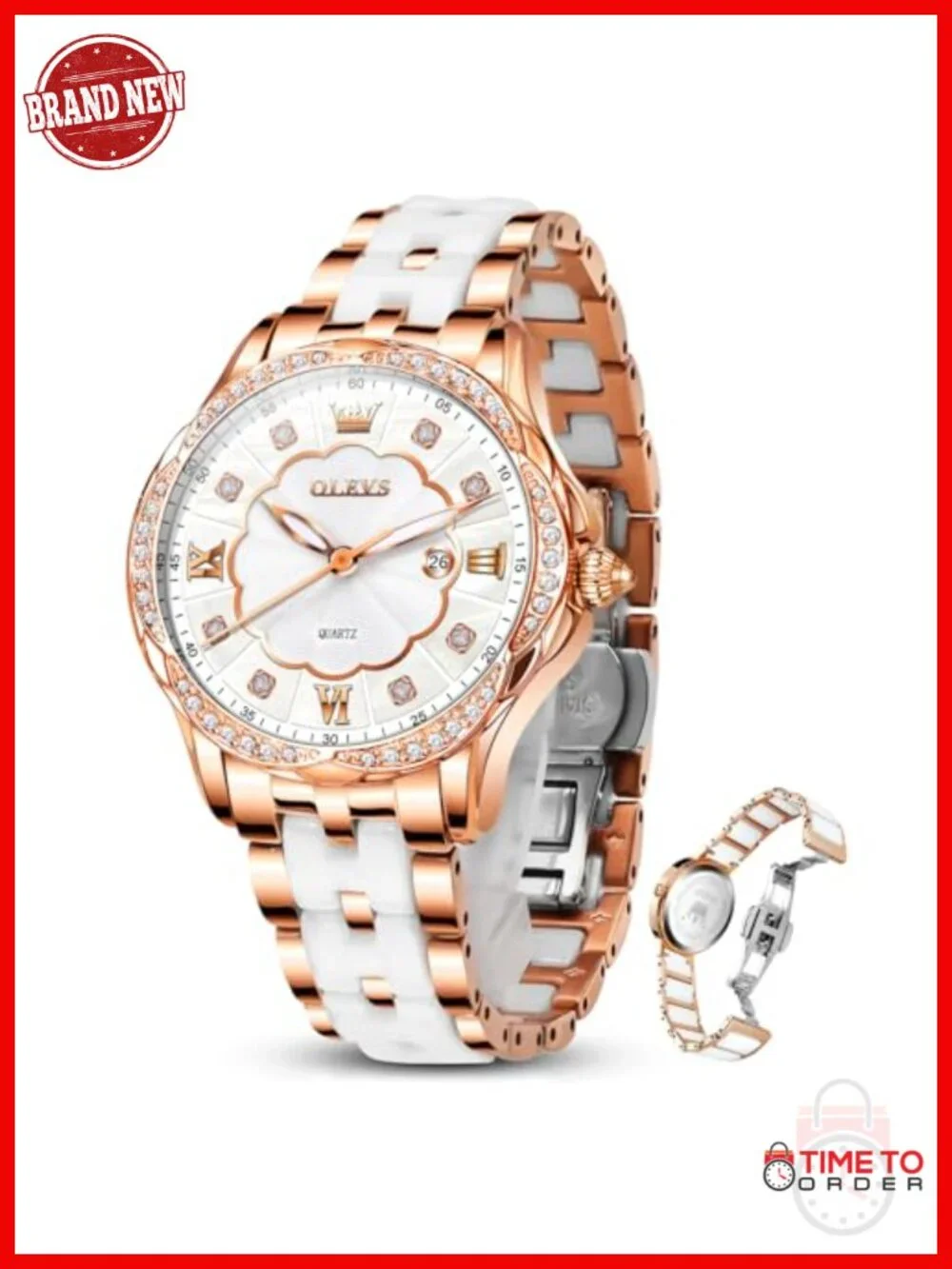 Luxury Ceramic Watch Diamond Rose Gold Dial Quartz Dress Watch Water Resistant